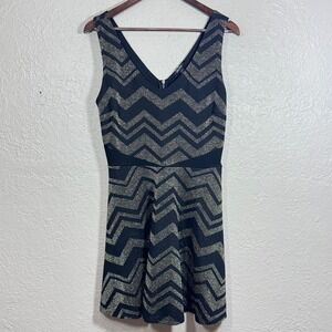 Vtg Y2K BeBop Fit & Flare Dress Lg‎ Gold Sparkle Glitter Chevron Stripe Mini 90s